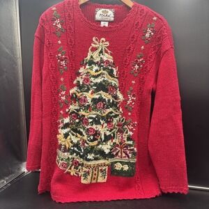 1998 Tiara International Red Christmas Knit Sweater Tree & Gifts VTG Petite Med